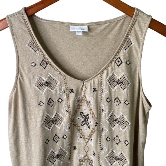 J Jill Aztec Geometrical Embroidered V-Neck Slub Cotton Sleeveless Tank Top Soft - Picture 2 of 14